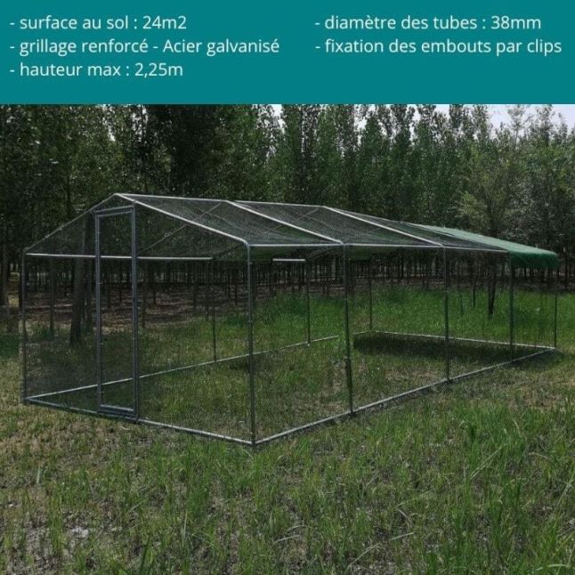 Parc à Poules - Enclos 24m² Ø38mm 8x3x2,25m - Acier Galvanisé